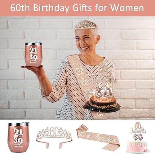 Miniatura 9 de Decoraciones de cumpleaños número 60, regalos para mujeres, incluyendo corona, banda, decoración de pastel, velas y taza de vino o café de 12 onzas