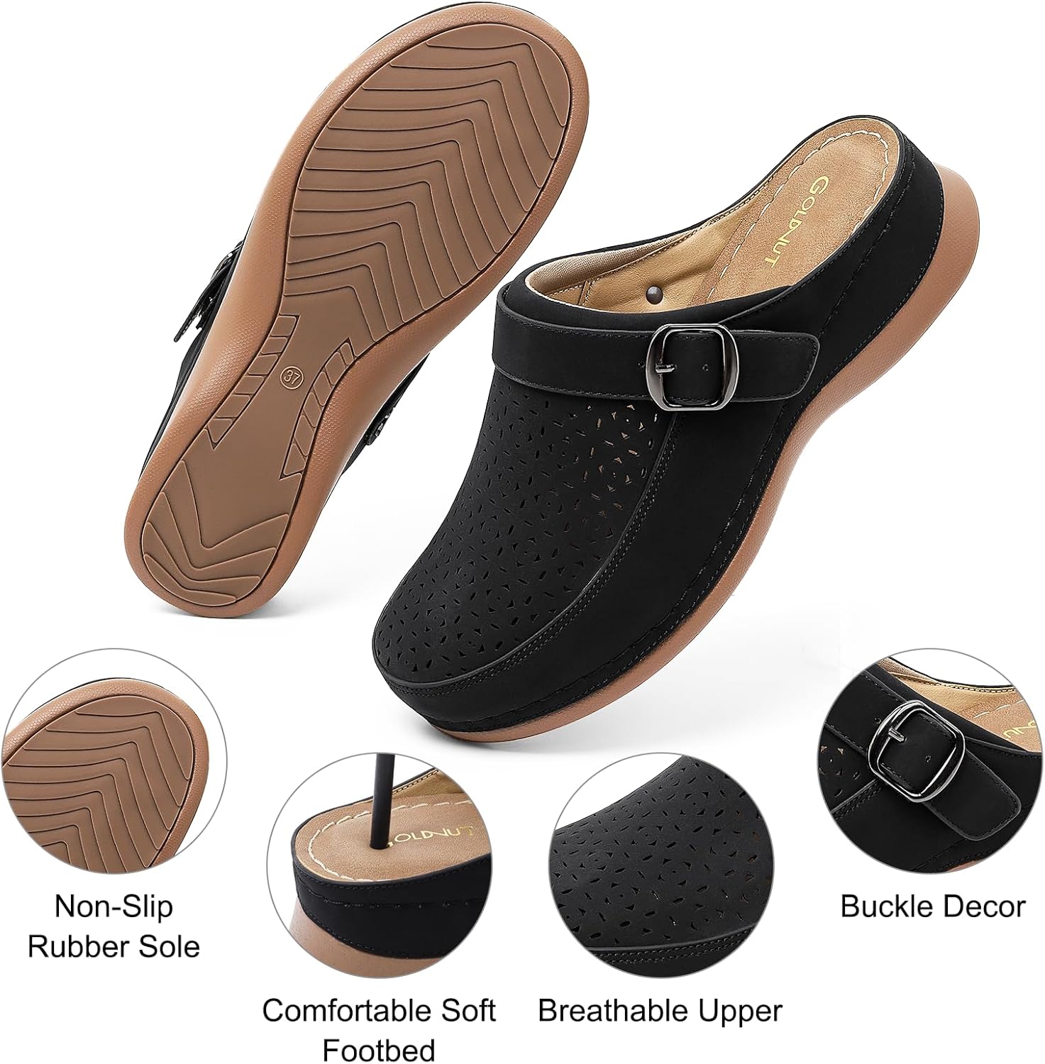Women's Closed Toe Clogs Mules Cut Out Comfortable Mules Buckle Lined Slip On Clogs Sandals for Woman Arch Support