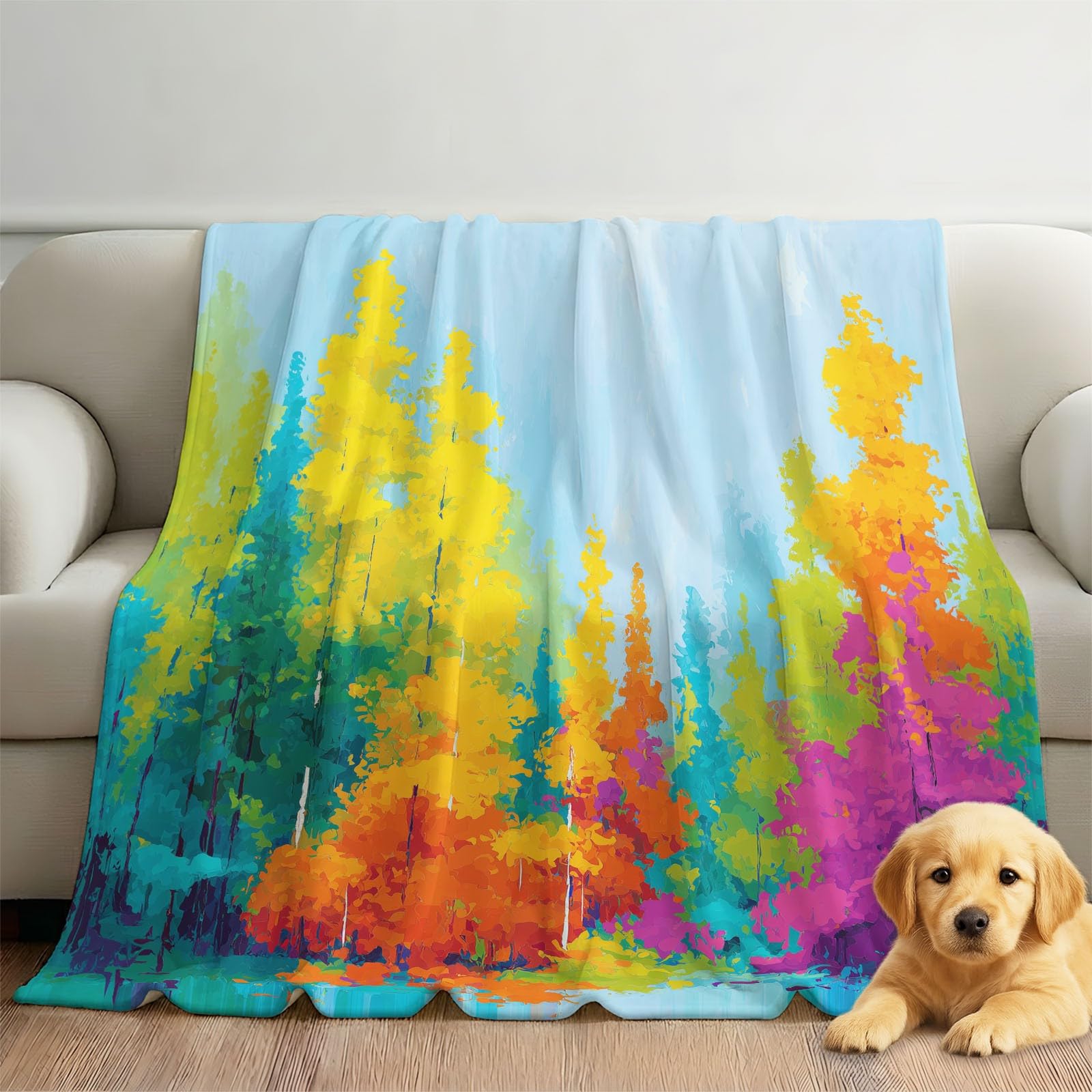 Generisch Przytulny koc polarowy, artystyczny, abstrakcyjny, naturalny las, 180 x 200 cm, koc na kanapę, puszysty koc z mikrofibry, narzuta na sofę, do sypialni