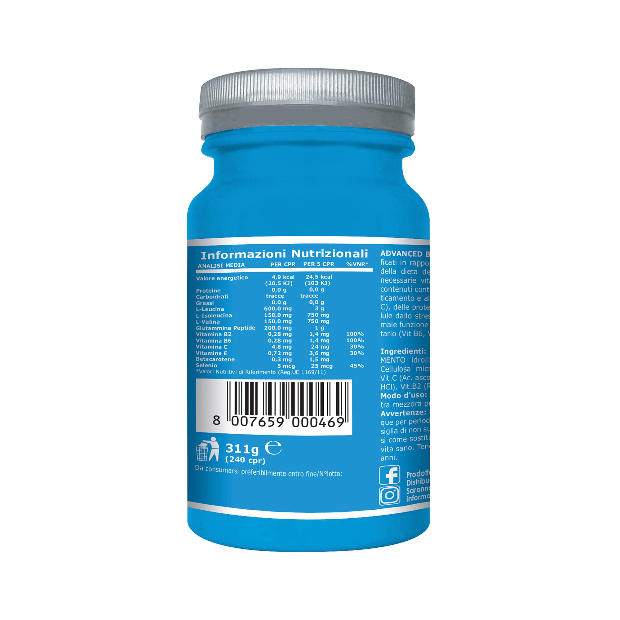 Advanced Bcaa - Formula Avanzata Aminoacidi Ramificati nel Rapporto 4.1.1 Leucina, Isoleucina, Valina, Glutammina Peptide, Vitamina B6 Maggiore Assimilazione - 240 Cpr - Ultimate Italia