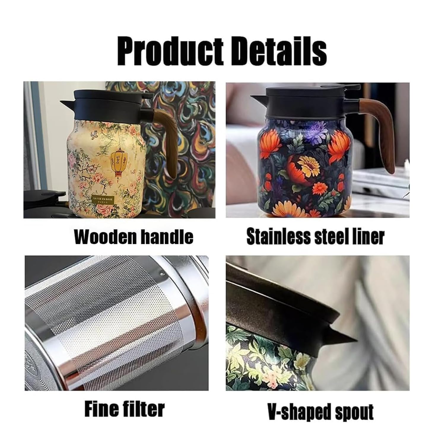 Théière Isotherme à Motif Floral Vintage, Infuseur Intégré, Carafe