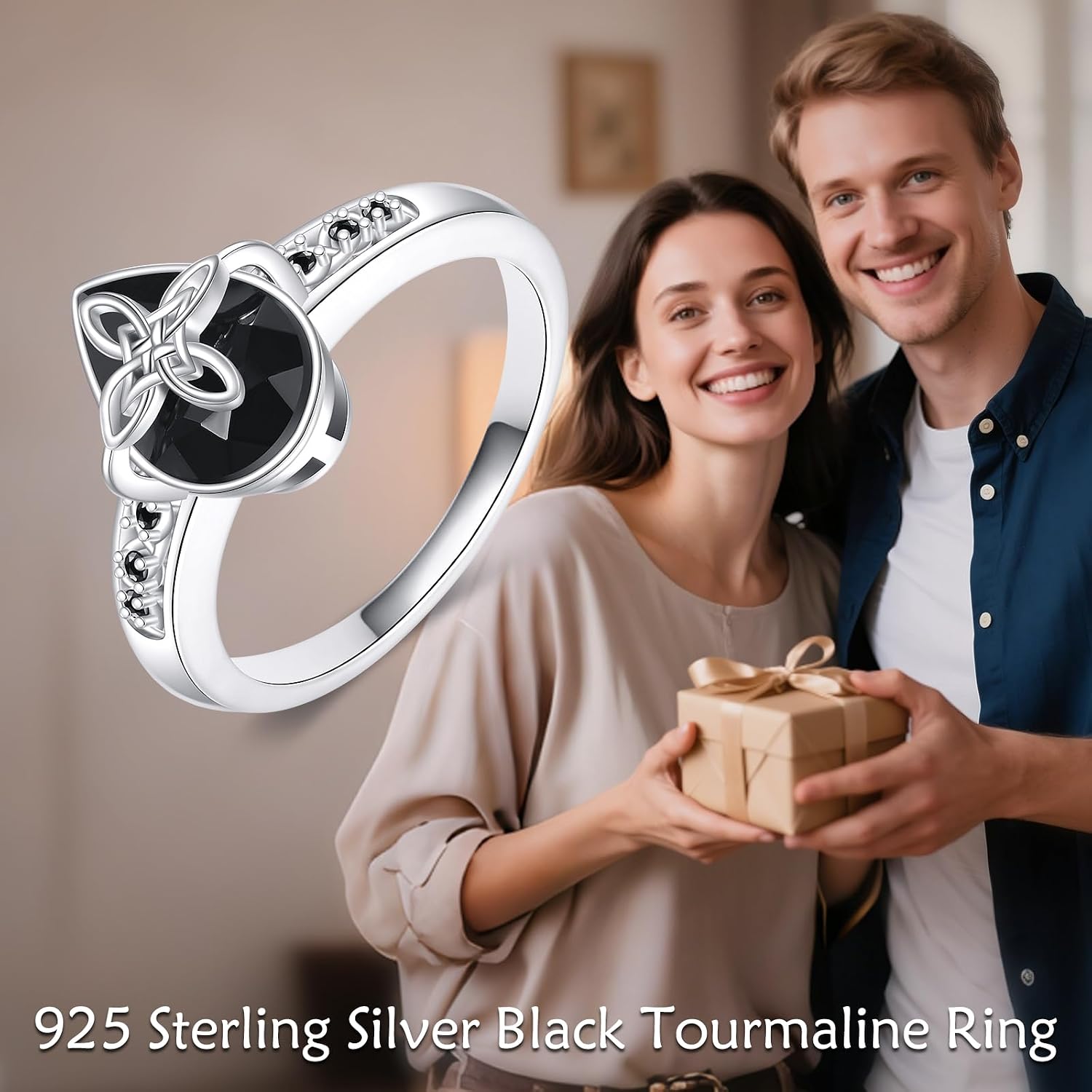 Black Tourmaline Celtic Ring for Men and Women 925 Sterling Silver Celtic Knot Band Vintage Protection Jewelry Gift for Her