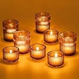 Hewory Glass Tealight Candle Holder: 8 Pcs Amber Votive Candle Holders Tea Lights Candle Holder, Ribbed Tea Light Holders Fall Decorations for Thanksgiving Table Centerpiece Wedding Party Home Decor