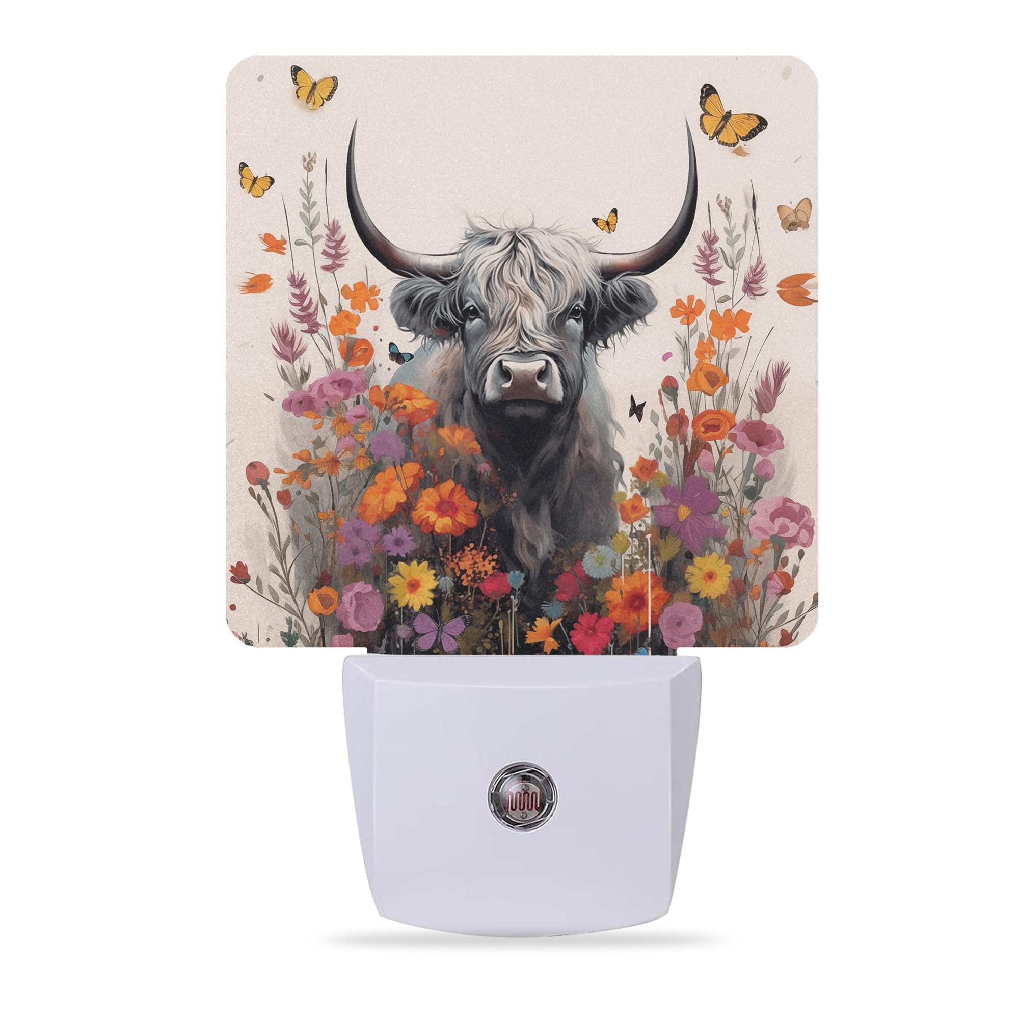 Highland Cow Night Light,Daisy Flower Night Lights Plug into Wall Dusk to Dawn Sensor Lamp for Women Men,Led Lights for Stairway/Hallway/Bedroom