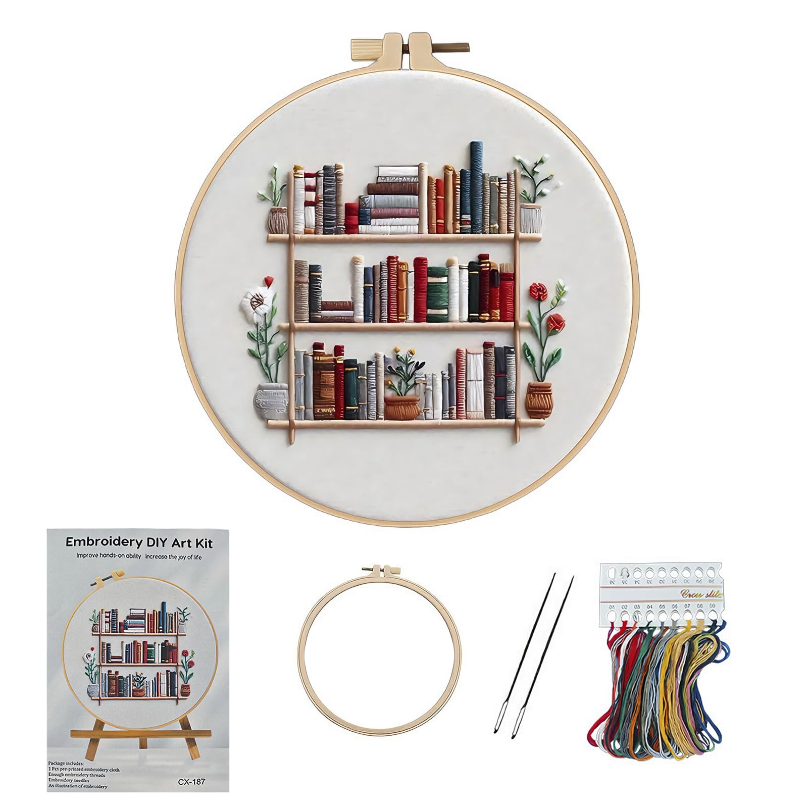 Flhlxzm Embroidery Kit, Punch Needle Kit with Elegant Vase Bookshelf Design Complete Embroidery Starter Set with Patterns for Beginners Home Decoration Crafting and Relaxation