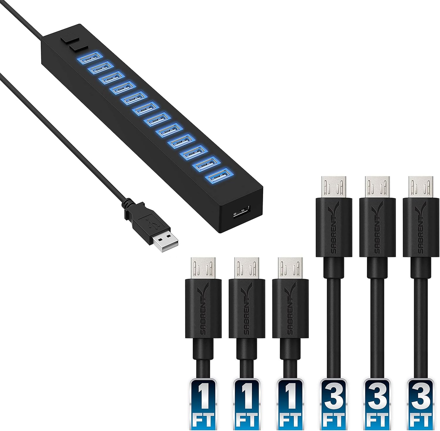 SABRENT 13 Port High Speed USB 2.0 Hub with Power Adapter with Micro USB [6-Pack, X3-3ft + X3-1ft]