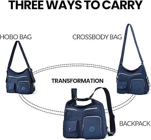 Miniatura 6 de Bolso Hobo multiusos para mujer con RFID antirrobo, bolsa cruzada de nailon impermeable, bolso de hombro, mochila convertible Multipurpose