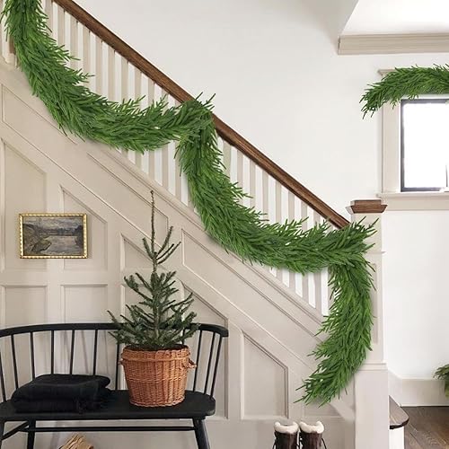 Miniatura 5 de Krissing Paquete de 2 guirnaldas de pino Norfolk, 17.2 pies, guirnalda de vegetación artificial de Navidad de tacto real, vid de vegetación
