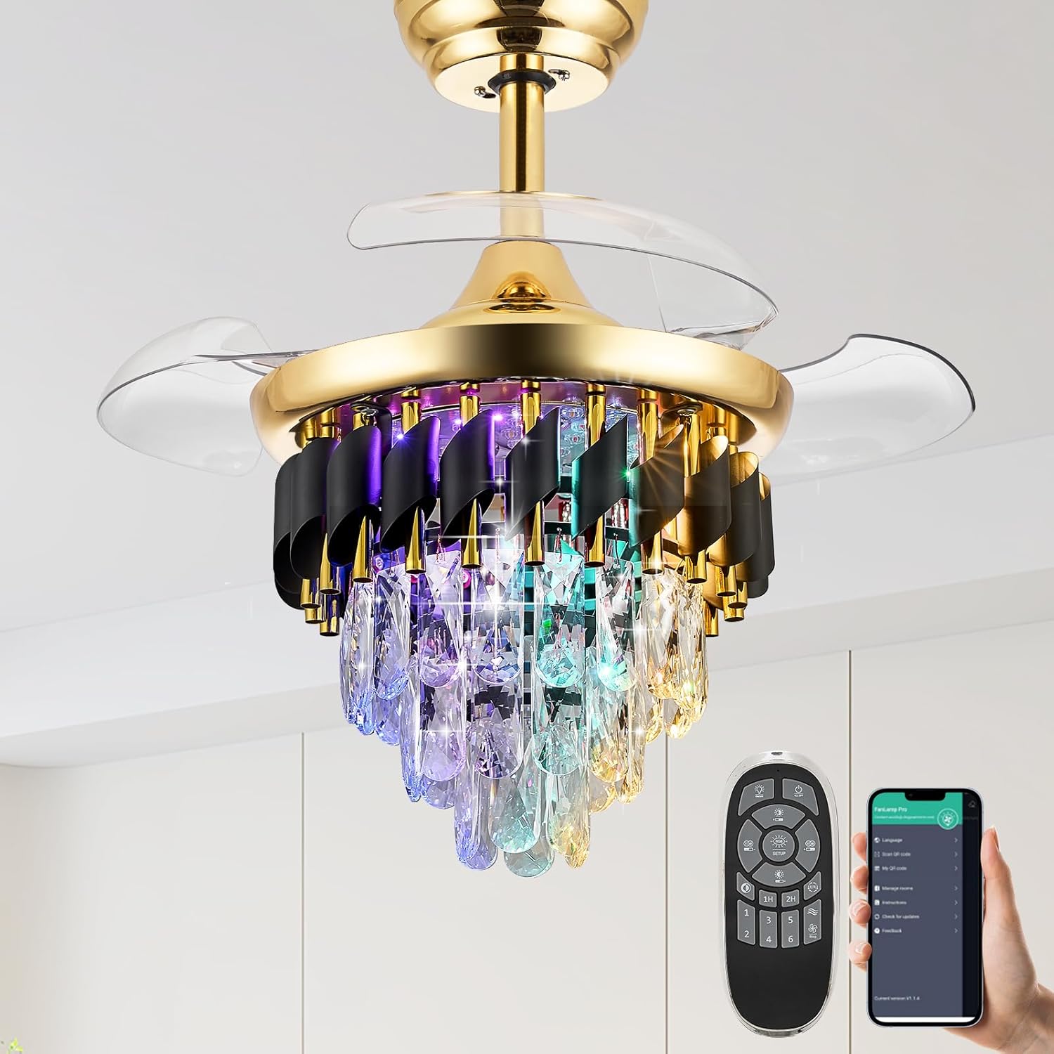 30" RGB Retractable Crystal 6-Speed Reversible Blades Ceiling Fan with Lights Remote APP Control, Invisible Fandelier for Bedroom Dinning Room Gold