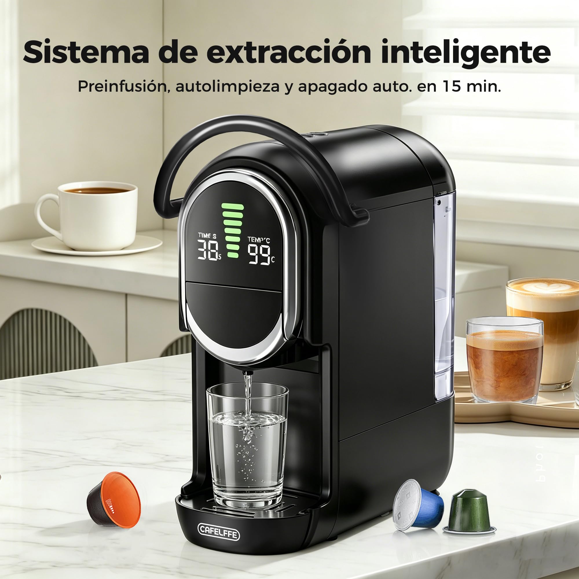 CAFELFFE MK-609S Cafetera de cápsulas 4 en 1 con presión de 19 bares, infusión caliente/fría, espresso compacto para el hogar y la oficina, Nes Original/DG/ESE/molido, negro