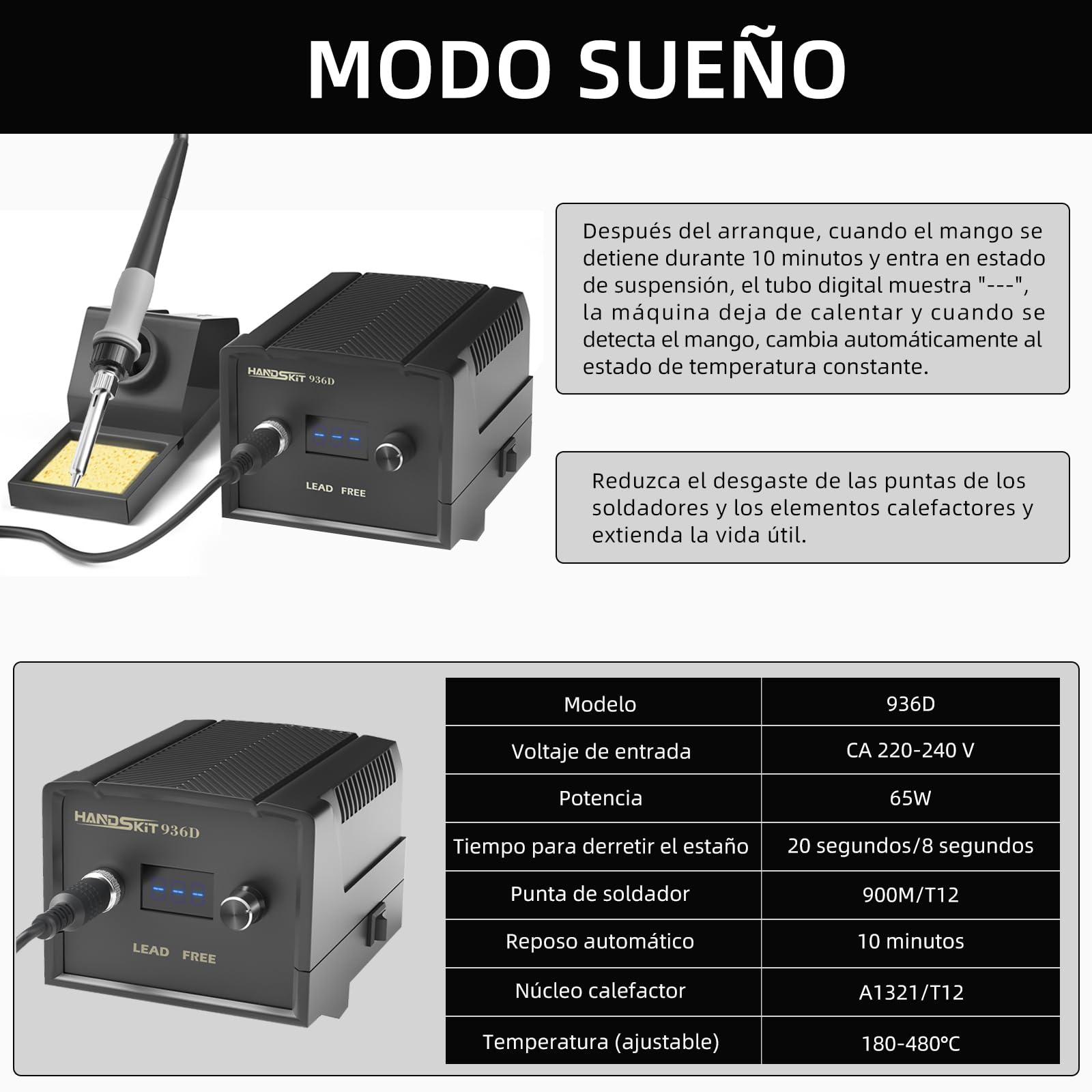 HANDSKIT 65W Estación de soldadura,2 In 1 Soldador Estaño Profesional,soldador de estaño con 5 Puntas de Soldadura,Alambre de Soldadura y Esponja de Limpieza,Rango de Temperatura 180-480℃