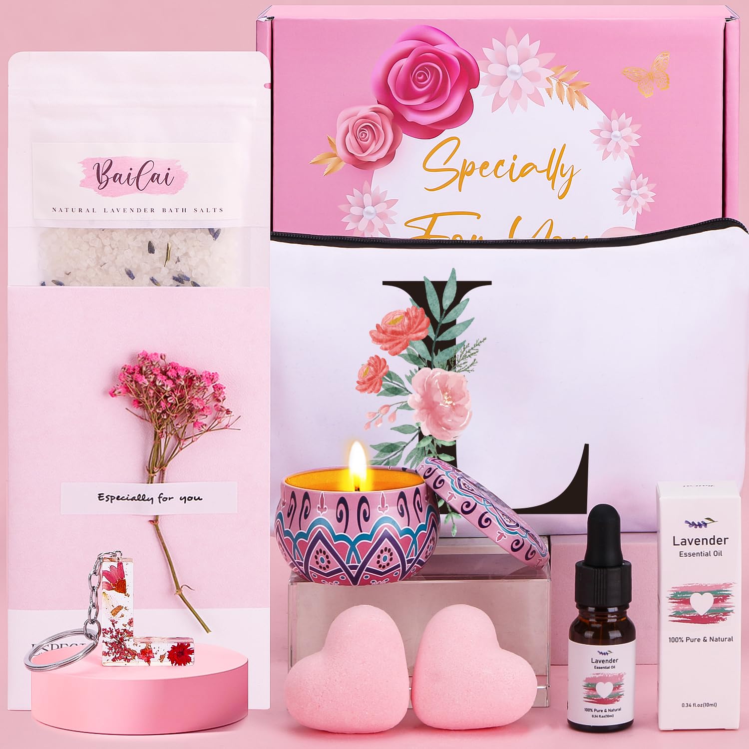 Birthday Pamper Gifts for Women, Personalized Letter L Happy Birthday Letterbox Gifts for Her, Unique Ladies Spa Bath Set Get Well Soon Hampers Thank you Gifts for Women Best Friend Bestie Sister Mum