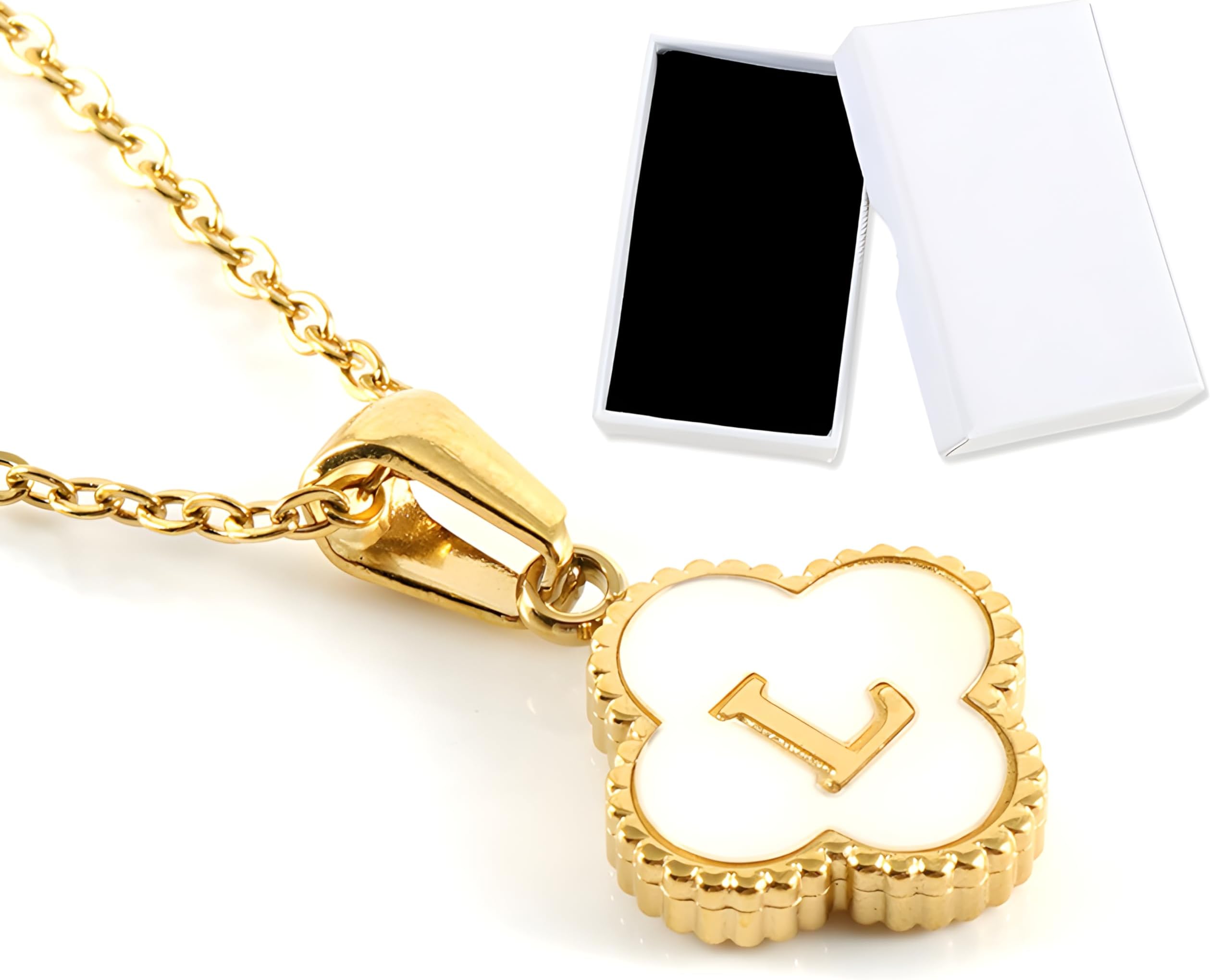 UOUOnly Beth Dainty Four Leaf Clover Initial Necklace for Women • Tiny Titanium Steel Lucky Four-Leaf Clover Pendant Gold Letter Necklace• Name Choker Necklace Trendy Gold plated Jewelry Women Gifts [L]