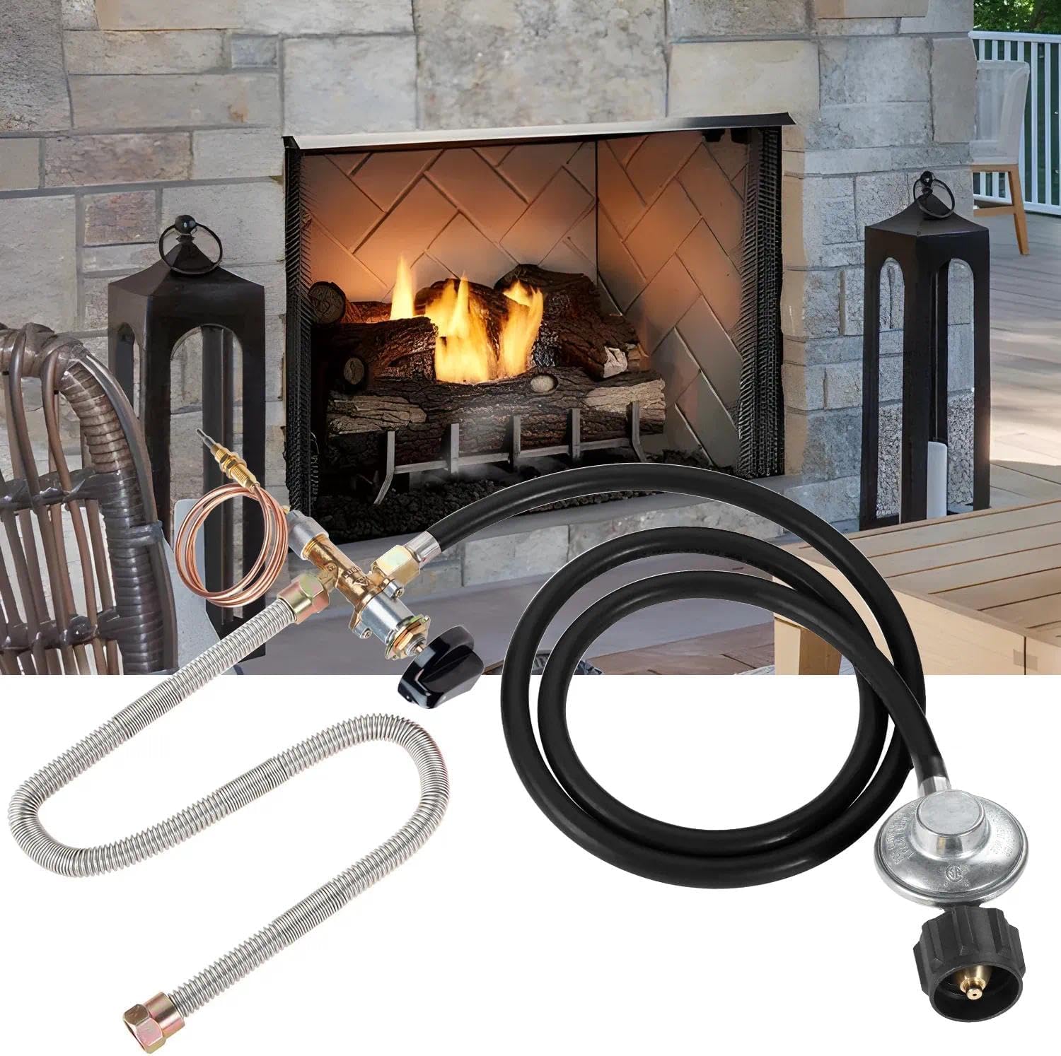 Propane Gas Fire Pit Kit, 5FT Propane Hose with Regulator, Grill Replacement Parts,Fireplace Safety Valve Control System, Max 50000 BTU