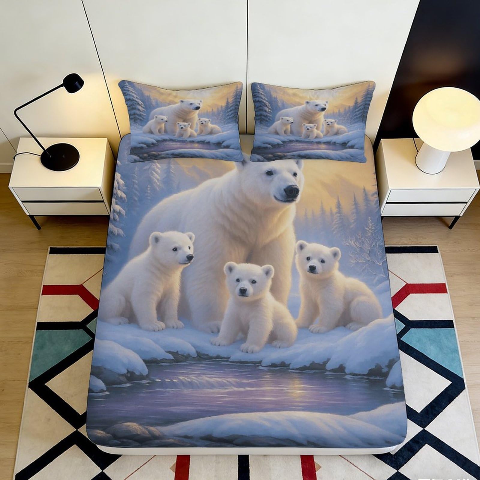 3D Printed Polar Bear Family Fitted Sheet Microfiber Soft Breathable Winter Forest Bed Cover for Bedroom Dorm Mattress Protection Decor 90x200x25cm