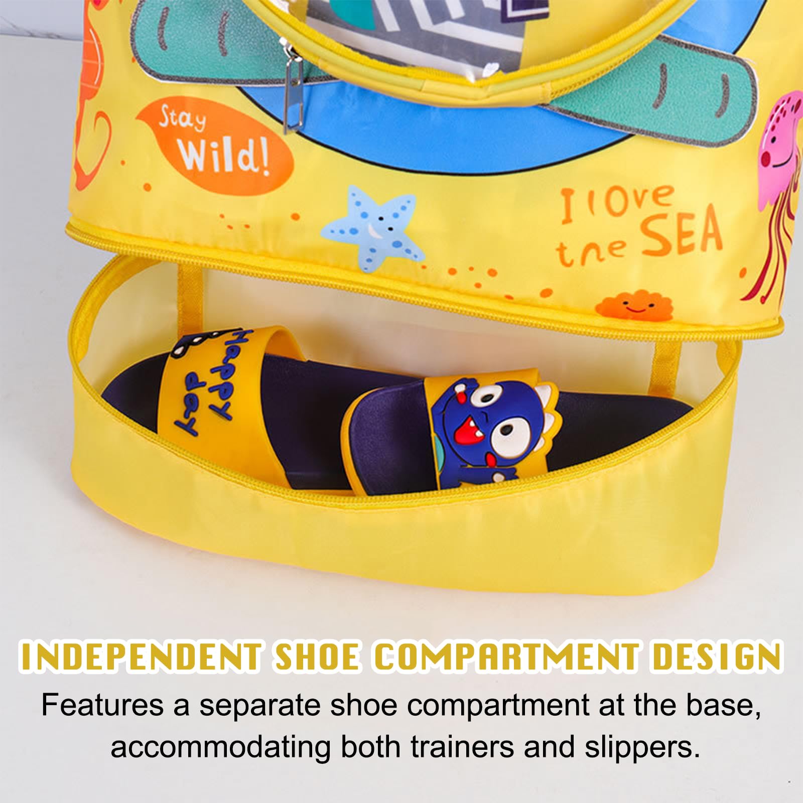 Coccodrillo dei Cartoni Animati Borsa Piscina, Borsone Piscina, Zaino Piscinas Bambino, Borsa da Nuoto Asciutta e Bagnata, Grande Capacità con Scarpiera per Sport Viaggi Scuola Nuoto, Giallo