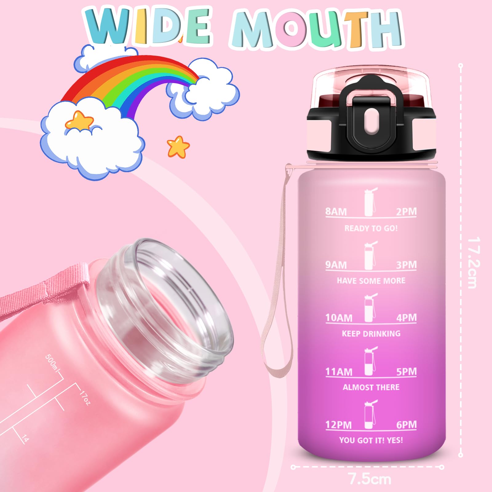 Borraccia Bambini, Borraccia 500 ml, Borracce con Cannuccia, Senza Perdite, Water Bottle Motivazionale, Facile da Trasportare, Bottiglia Graduata, Con Slogan Motivazionale, Borracce per Scuole, Sport