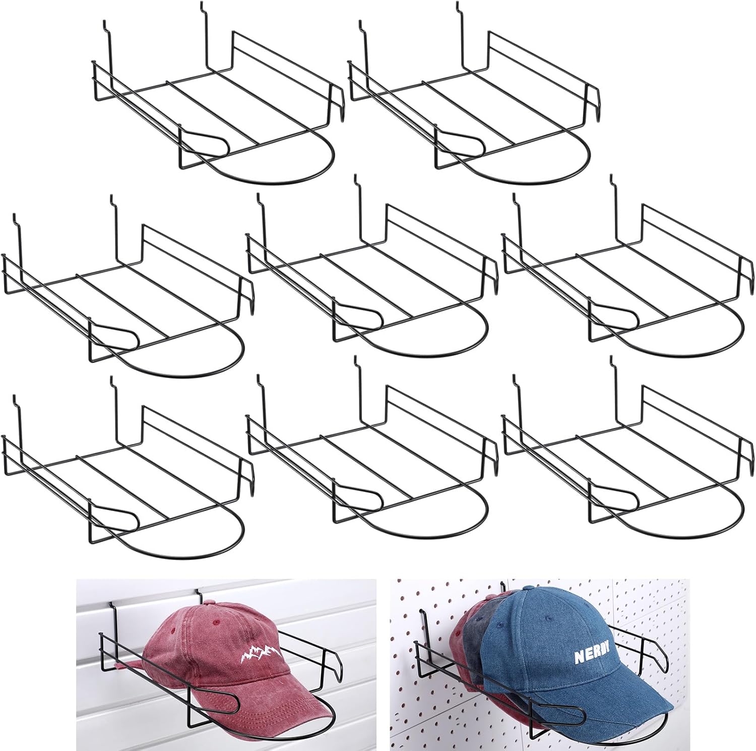 Kigley 8 Pcs Wire Hat Display Racks for Slatwall Black Metal Baseball Hat Racks Multifunctional Retail Shelves Pegboard Display for Home Retail Boutique Store Organizer
