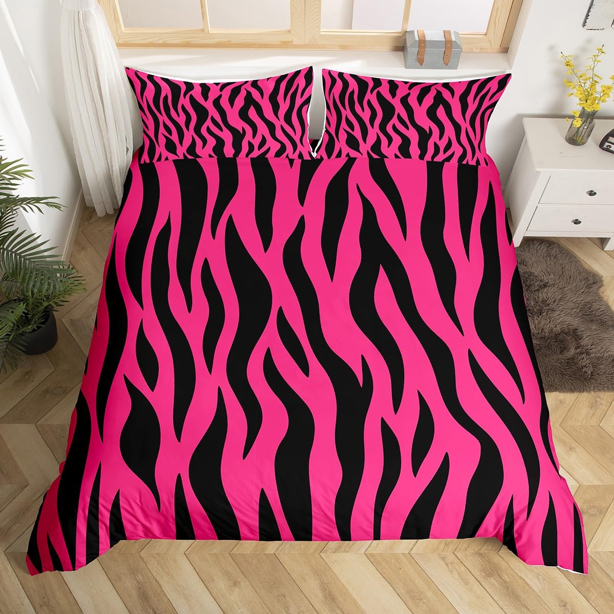Homemissing Rose Pink Zebra Stripes Duvet Cover Set Super King Size For Kids Boys Girls Safari Leopard Print Bedding Set Zoo Animal Skin Pattern Duvet Cover with 2 Pillowcases Striped Art Bedding โ image 1
