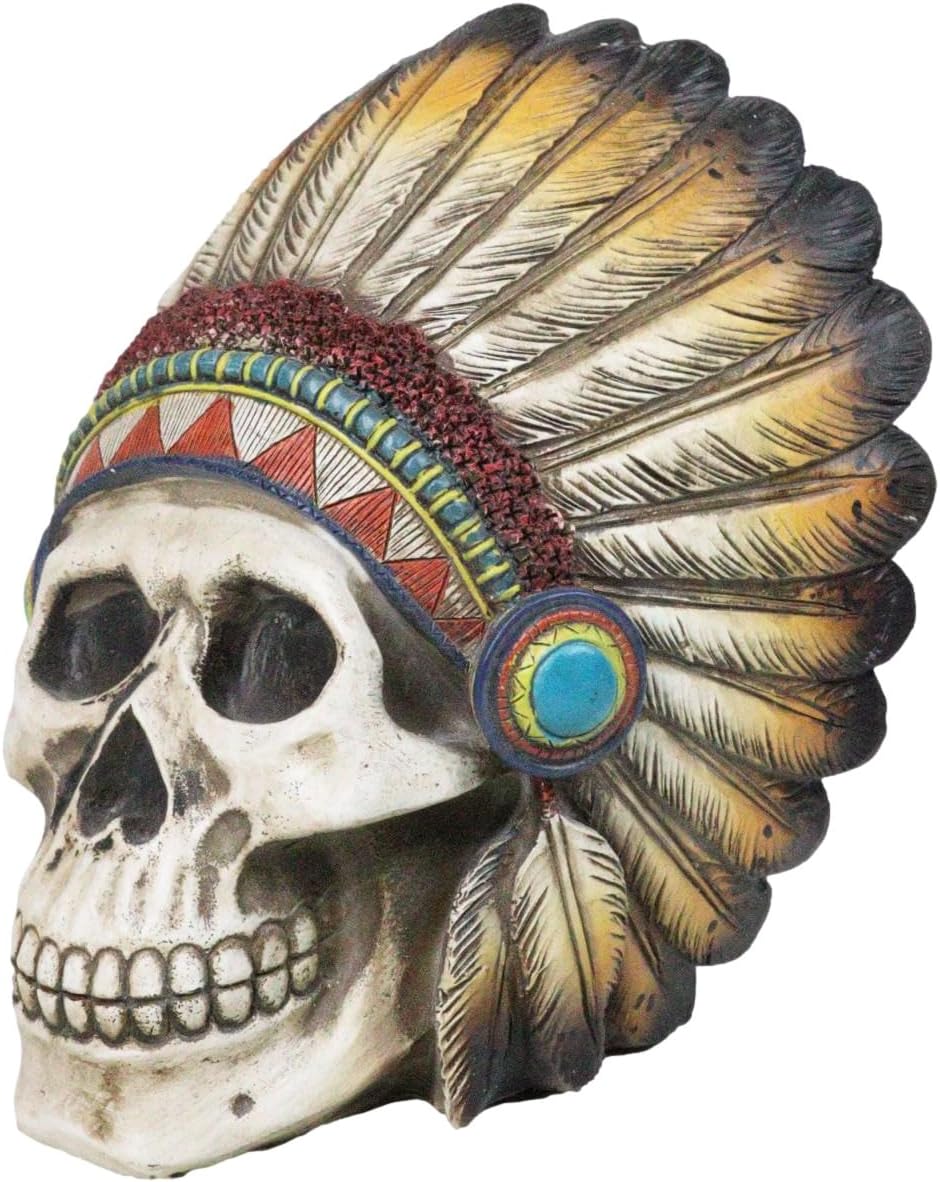Ebros Gift Native American Indian Eagle Chief Skull with Turquoise Rocks Tribal Mohawk Warrior Headdress Figurine Day of The Dead Graveyard Ossuary Spooky Decor