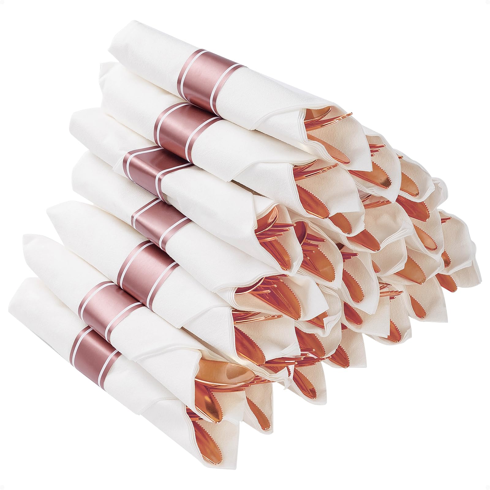 Goodluck 25 Pack Pre Rolled Rose Gold Plastic Silverware, Wrapped Plastic Cutlery Set with Napkin Include 25 Forks, 25 Knives, 25 Spoons and 25 Napkins, Fancy Disposable Silverware for Party, Wedding