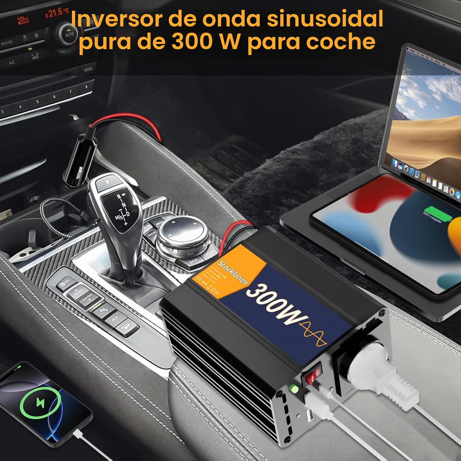 300W/600W Inversor 12V 220V Onda Pura Transformador, Inversor para coche, convertidor de corriente con 4 puertos USB y 1 salida CA. Fuente de alimentación al aire libre, aleación de aluminio