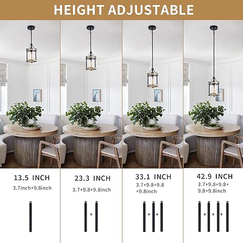 Miniatura 6 de Lámpara colgante de granja, madera blanca rústica y jaula de metal con vidrio, 43 pulgadas ajustable para techo plano y inclinado, iluminación