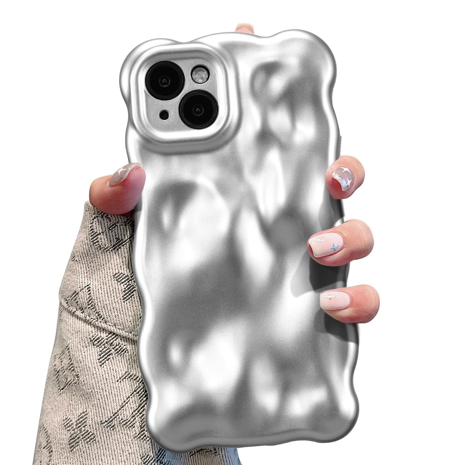 UEEBAI Ripple Case for iPhone 15 Plus, Cute Silver Cover Wave Shape for iPhone Case Pretty Aesthetic 3D Phone Cover, Water Ripple Shell 3D Chrome