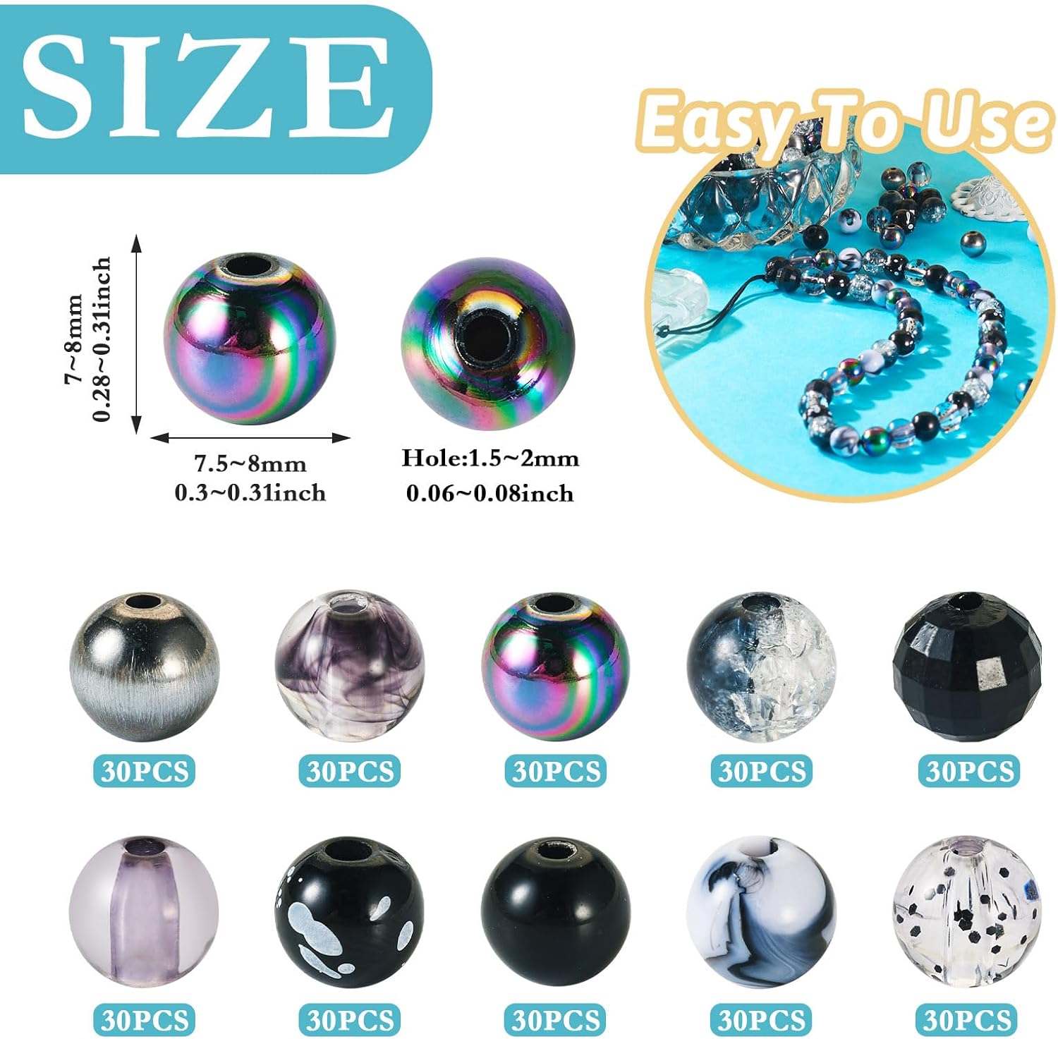 FASHEWELRY 300Pcs Black Pony Beads Assorted Black Cute Acrylic Round Beads Bulk 8mm Round Metallic Beads Crystal Crack Beads Polka Dot Beads for Bracelet Jewelry Making - Image 5