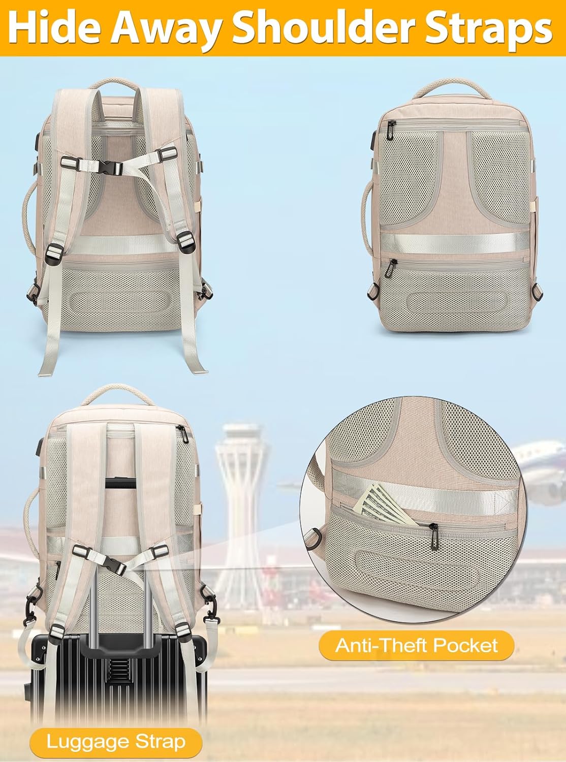 Carry On Travel Backpack for Men & Women, 42L Flight Approved Backpack with USB Port, Anti-Theft Design, 4 Packing Cubes, Expandable Water-Resistant 17 Inch Laptop Bag for Business, Weekend, Hiking Beige image 6 of 7 B0CDPZ6TZK