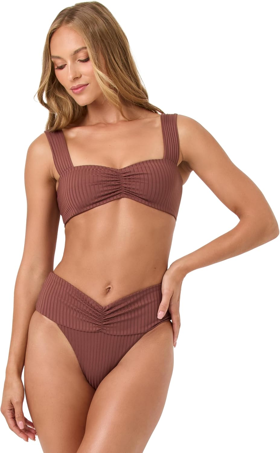 L*Space Bardot Bikini Bottom for Women, High Waisted Swimsuit with Front Ruching and Classic Coverage