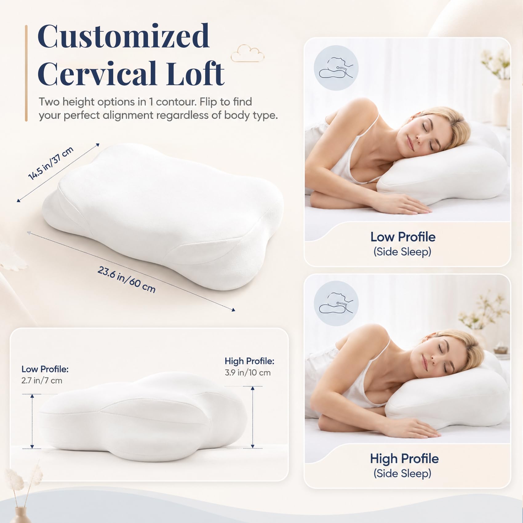 Ergonomiczna Poduszka Szyjna z Pianki Memory Foam do Spania na Boku i Plecach z Oddychającą, Zdejmowaną Poszewką, 60×37×7/10 cm