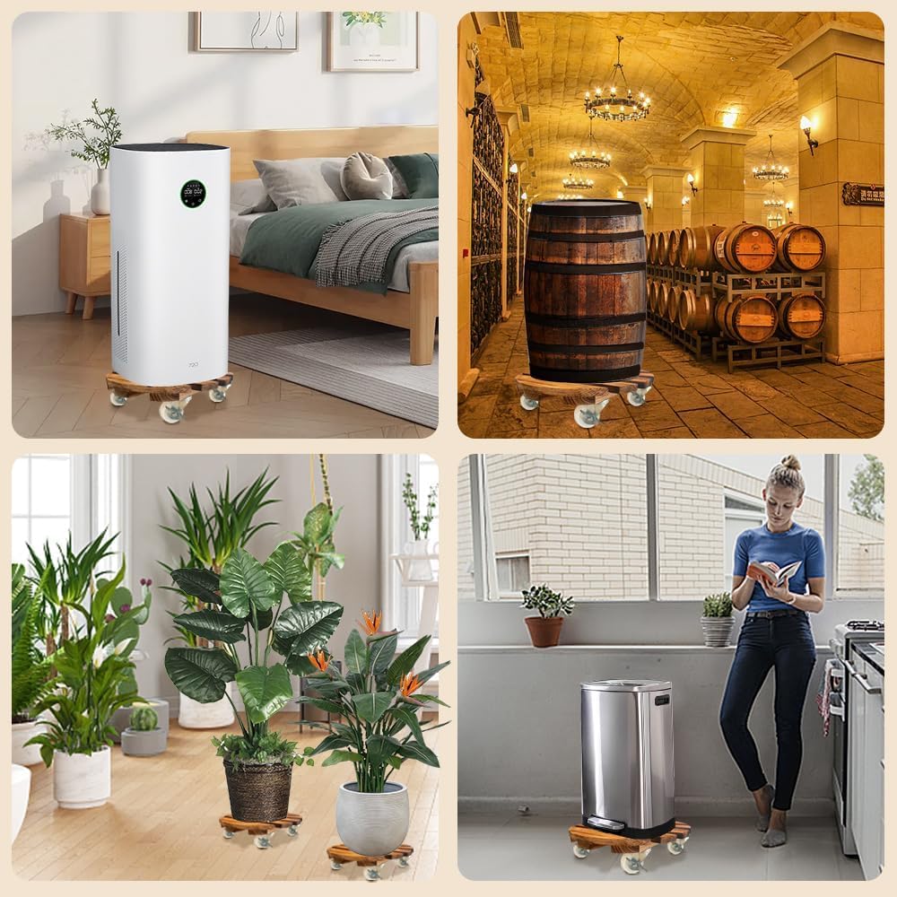 Lot de 2 chariots à plantes en bois, support pour plantes, panier lourd avec roulettes | Support de plante rond à roulettes en métal 30 cm avec roulettes verrouillables à 360° pour pot de fleurs intérieur/extérieur