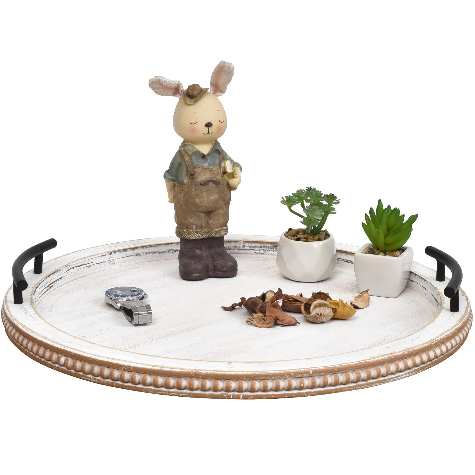 18Inch White Wooden Beaded Serving Tray with Handle Decorative Rustic Whitewashed Tray for Coffee Table Farmhouse Round Tray for Kitchen, Living Room and Bedroom