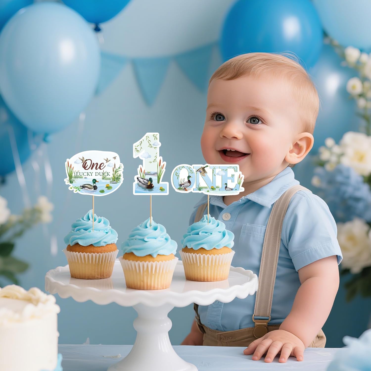 40 Pcs One Lucky Duck Birthday Decorations, 1st Birthday Cupcake Toppers with Mallard Duck Rustic Pond Designs, One Year Old Party Supplies for Boys or Girls (8 Designs)