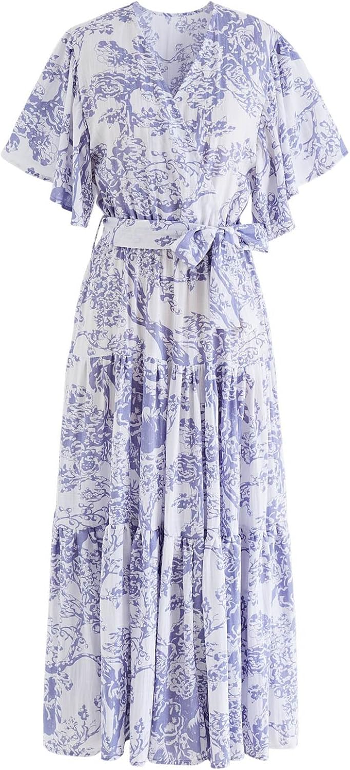 CHICWISH Women Summer V Neck Faux-Wrap Dress Branch Printed Casual Long Dress Flutter Short Sleeve Maxi Dresses with Belt