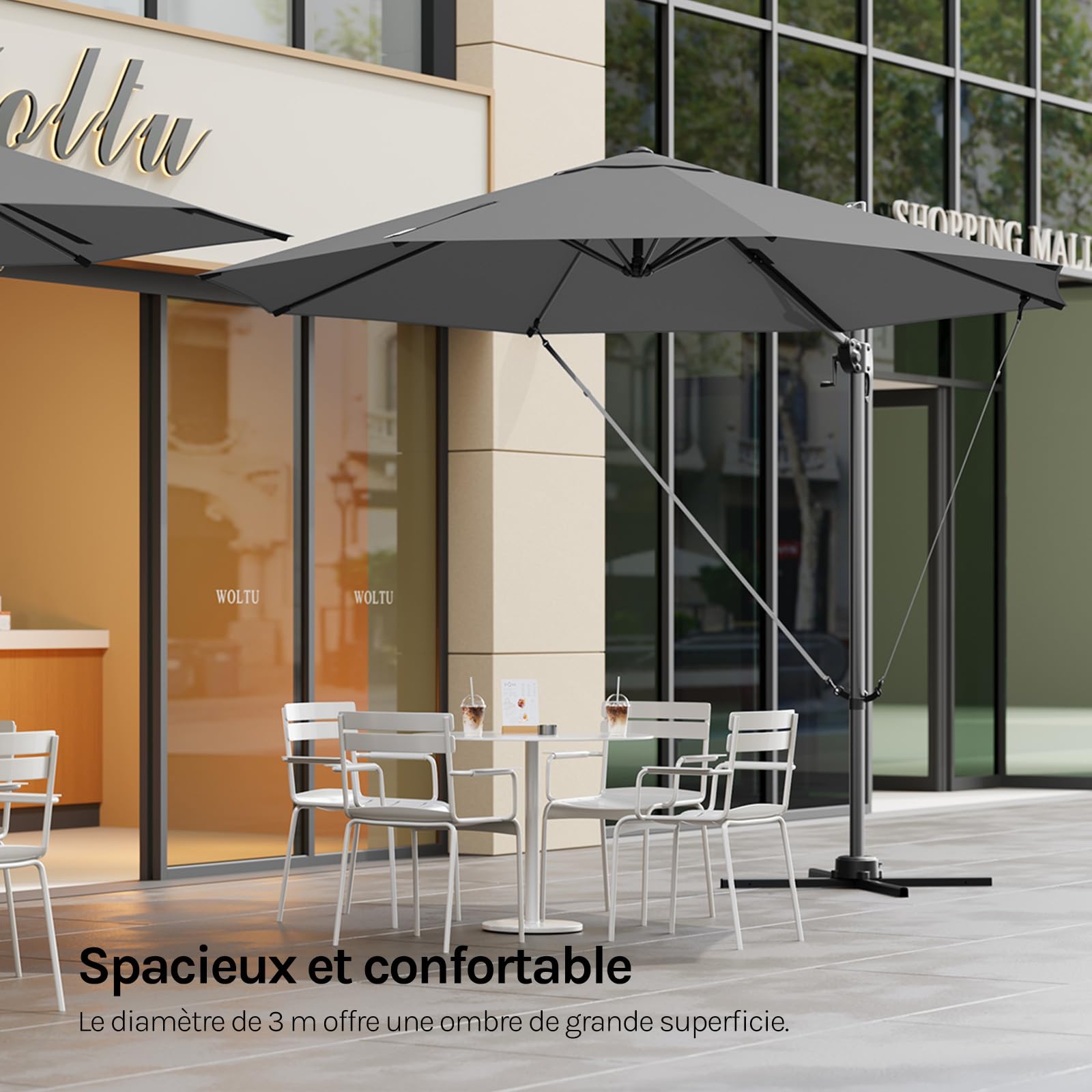 WOLTU Parasol Déporté, Parasol de Jardin Extérieur Rond de 3m, Rotatif à 360°, 5 Niveaux d'Inclinaison, UPF 50+, avec Manivelle, Sac, Cordes Coupe-vent, Mât en Aluminium