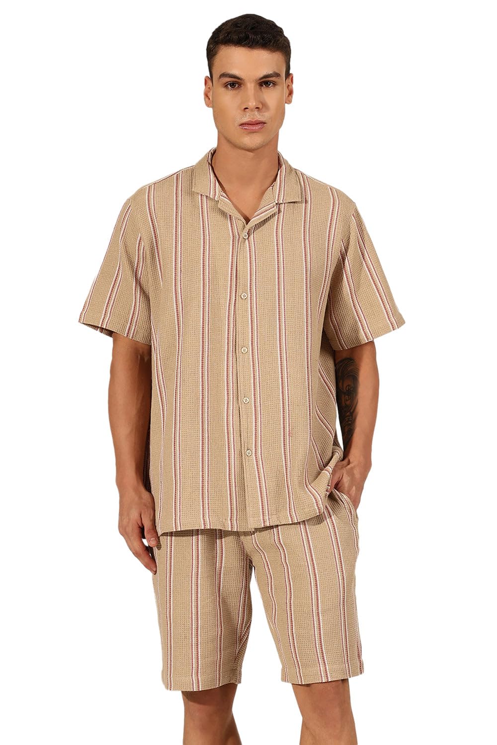 showoffff SHOWOFF Men's Striped Beige Cuban Collar Shirt & Shorts Co-ord Set -RONG-4702_Beige-picture-19