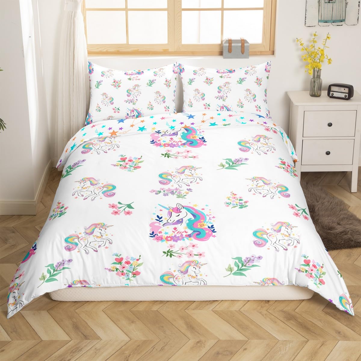 Homemissing Unicorn Duvet Cover Set Cot Size Princess Girl Bedding Set Floral Flower Kawaii Rainbow Duvet Cover with 1 Pillowcase Rainbow White โ image 1