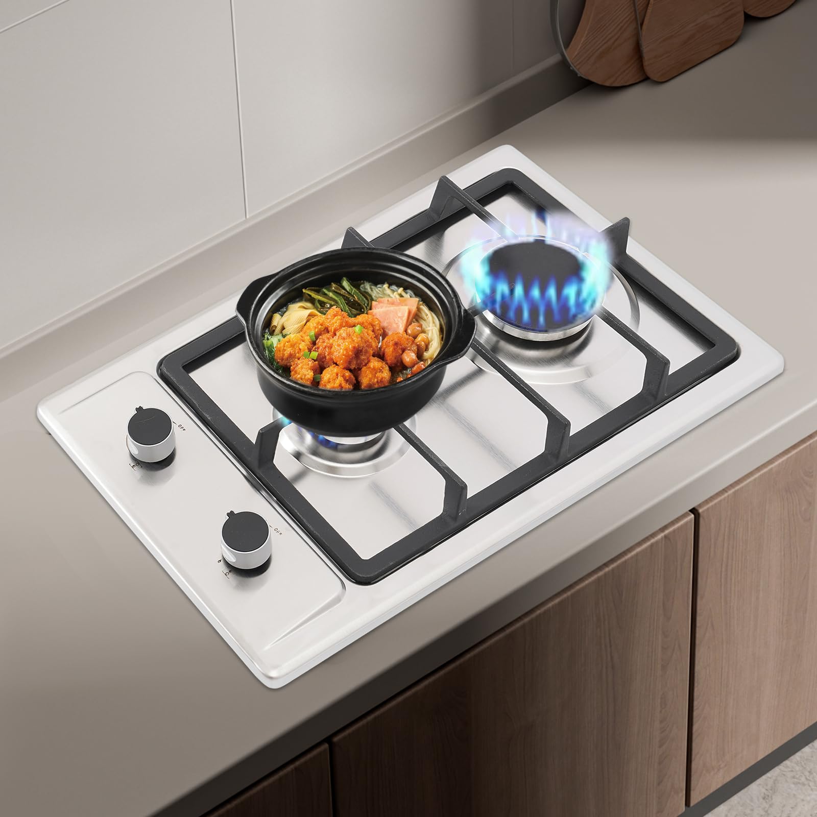 2-palnikowa płyta gazowa, 3 kW + 1,75 kW, ze stali nierdzewnej, impulsowa metoda zapłonu, kuchenka kempingowa, 2-palnikowa, płynna lub ziemna, wbudowana płyta gazowa na kemping, piknik i wędrówki, 51