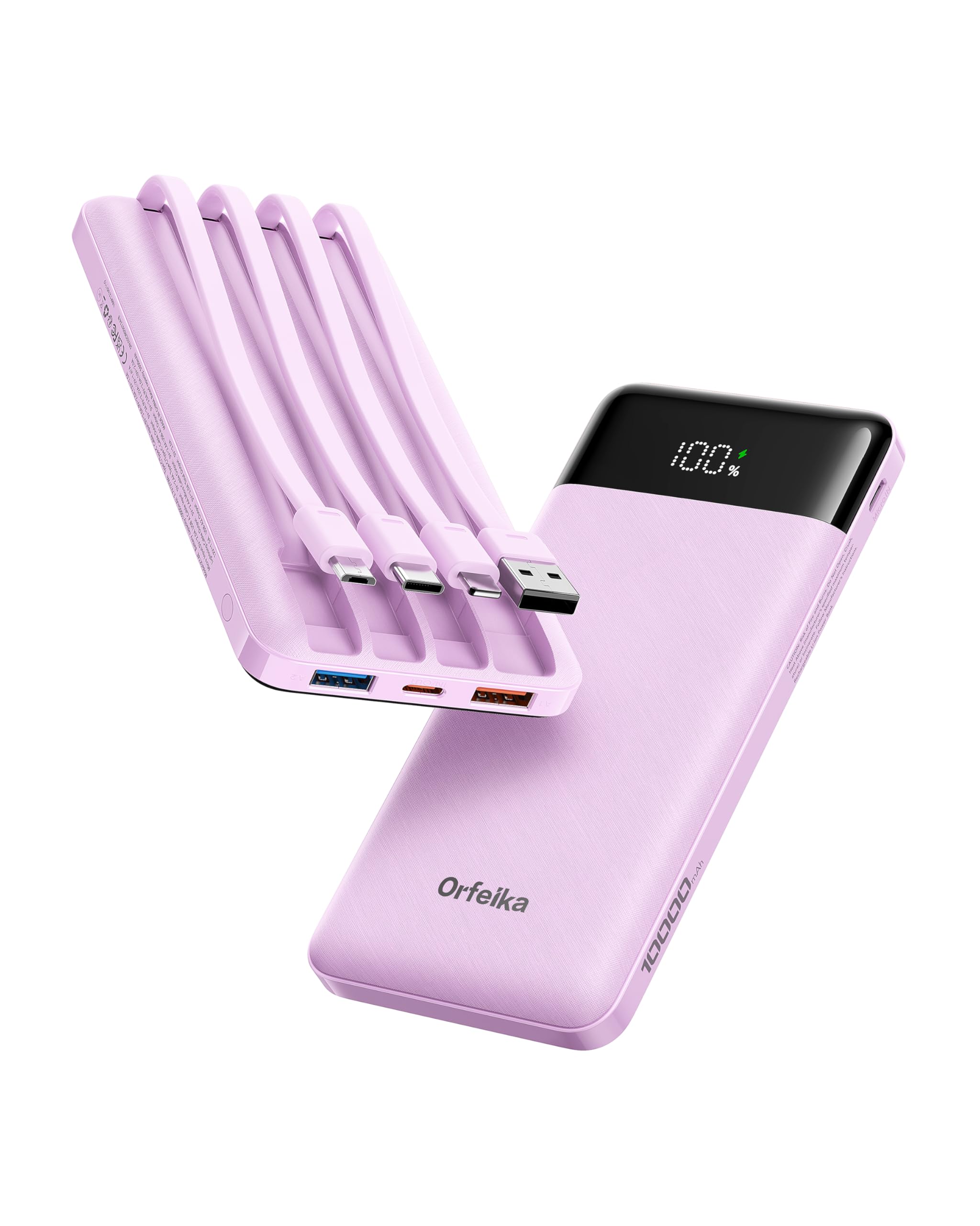 Orfeika Powerbank 10000mAh mit 4 Kabel, Klein Leicht Externe Handyakkus | 22,5W Schnellladen, 6 Ausgänge & 4 Eingänge, LED Tragbares Ladegerät, Kompatibilität mit iPhone/Samsung/iPad/Android und Mehr