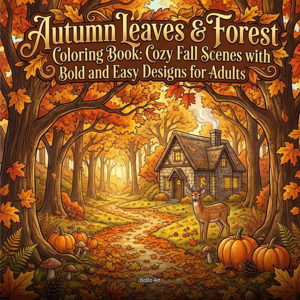 Autumn Leaves & Forest Coloring Book: Cozy Fall Scenes with Bold and Easy Designs for Adults: 50 Relaxing Cottagecore Illustrations of Maple Leaves, ... Cabins, and Harvest Scenes for Stress Relief