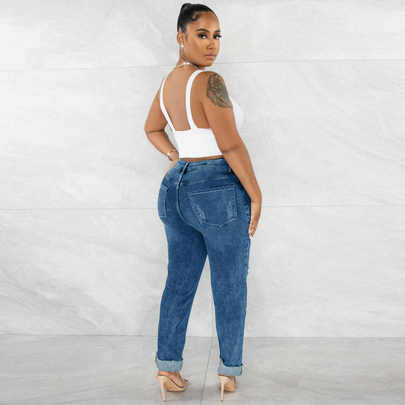 Jeans da Donna Strappati A Vita Alta Donna, Attillati, Design alla Moda-Azzurro-l
