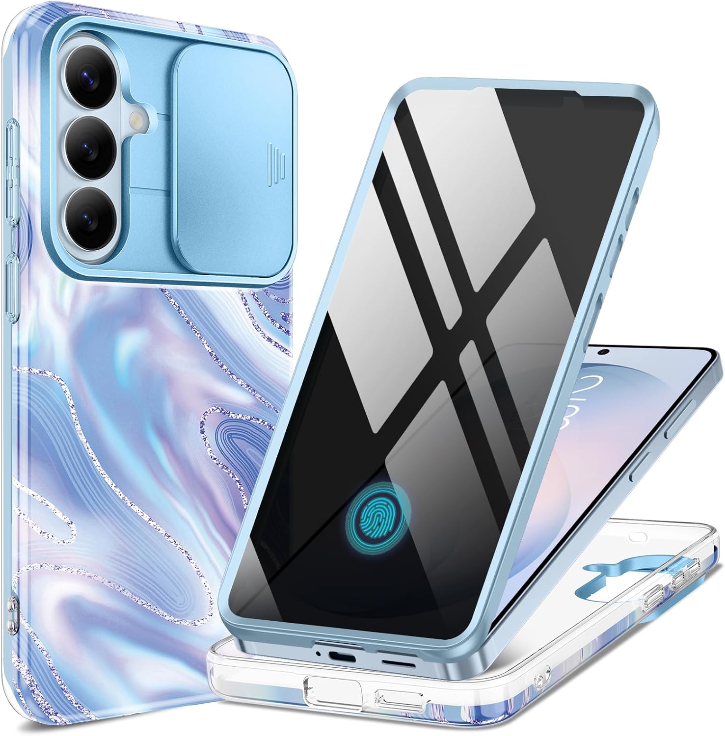 GVIEWIN for Samsung Galaxy S26 Plus Case, [Slide Camera Cover & Built-in Privacy Screen Protector] [Military-Grade Shockproof] Marble Full Body Protection Phone Case for S26+ Plus 6.7",Aurora