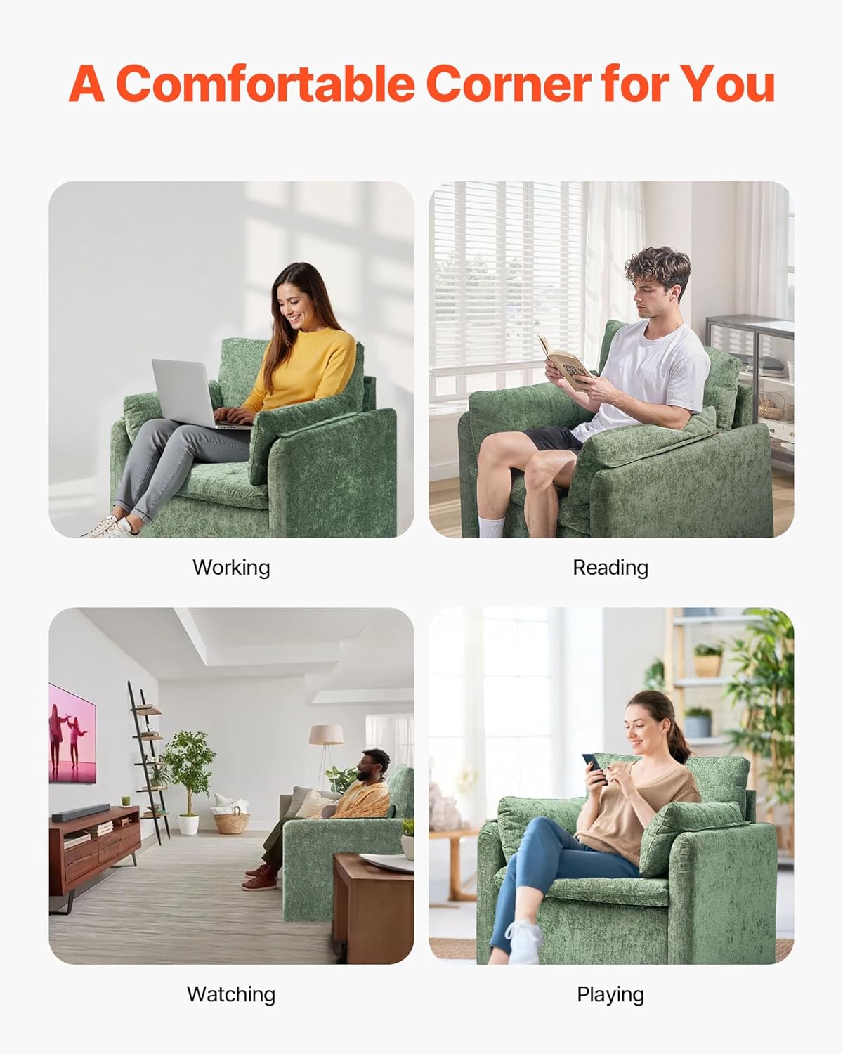 VEVOR Oversized Accent Chair, Armchair with Padded Arms, Comfy Single Sofa Chair, Modern Reading Lounge Chairs for Living Room, Bedroom, Green