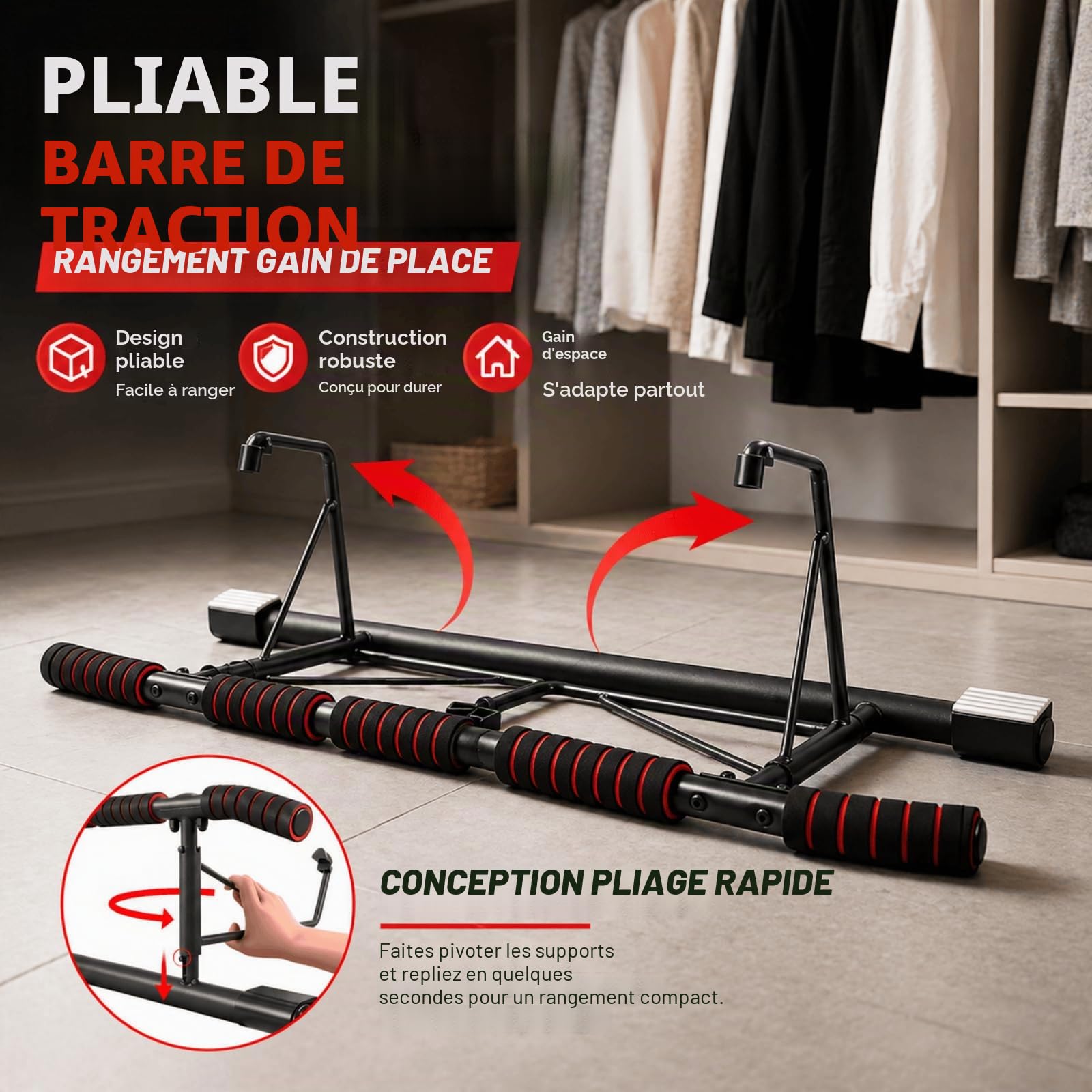 Barre de Traction Porte sans Perçage, Pull Up Bar avec Multi-Prises, Idéale pour Maison & Home Gym Bar de Traction