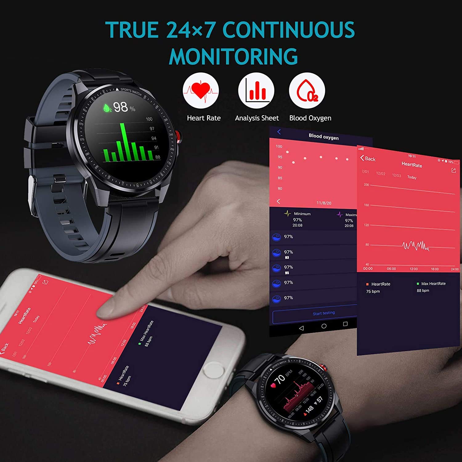 Inteligentna bransoletka długi czas czuwania wielofunkcyjny IP68 wodoodporny sportowy zegarek na tętno, cyfrowy smartwatch dla mężczyzn i kobiet (czarno-czerwony)