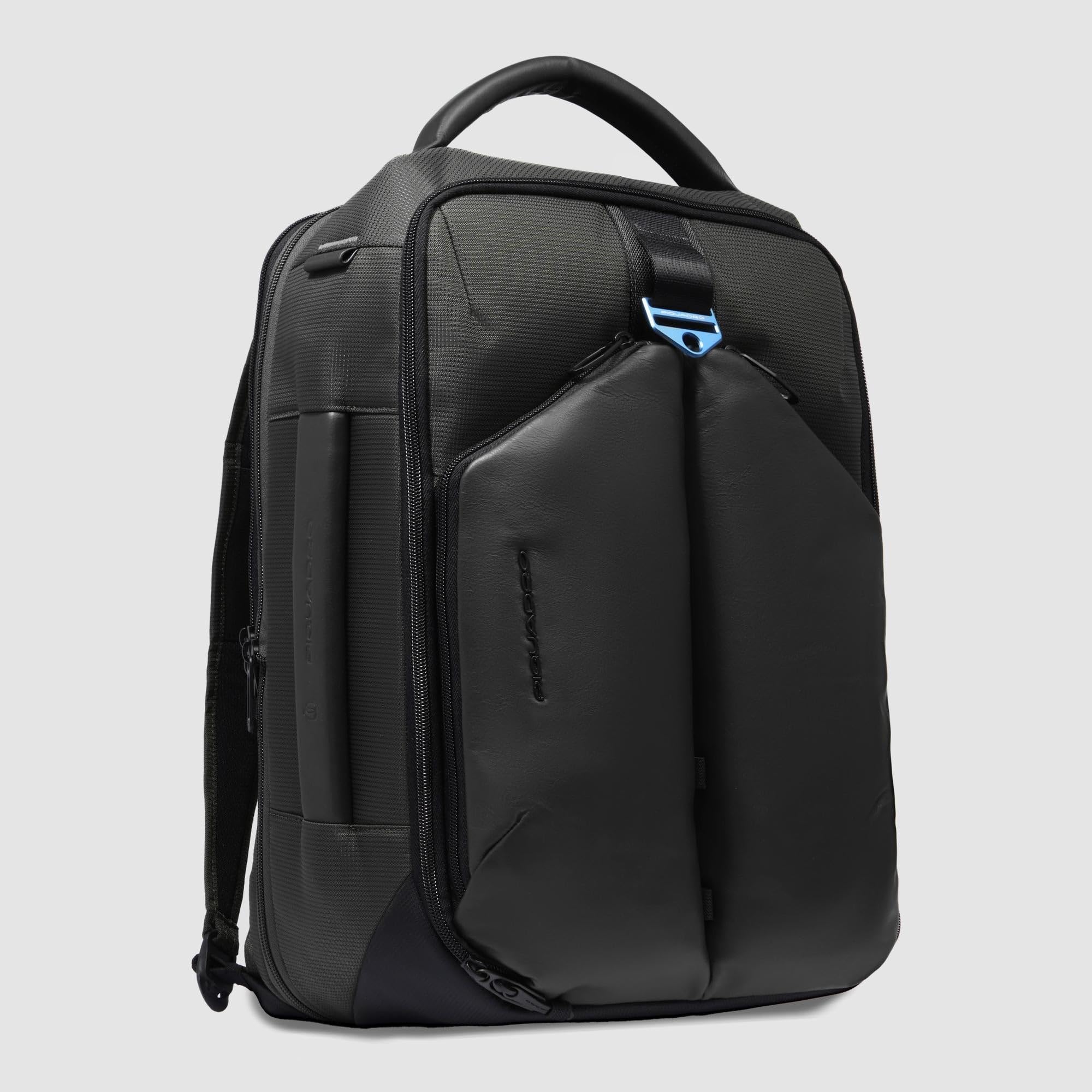 PIQUADRO - Zaino Porta PC 15,6" in Pelle e Tessuto Tecnico - Uomo - Nero | Aggancio per Trolley, Spallacci imbottiti, Vani organizzati, Resistente, Ufficio, Uso quotidiano
