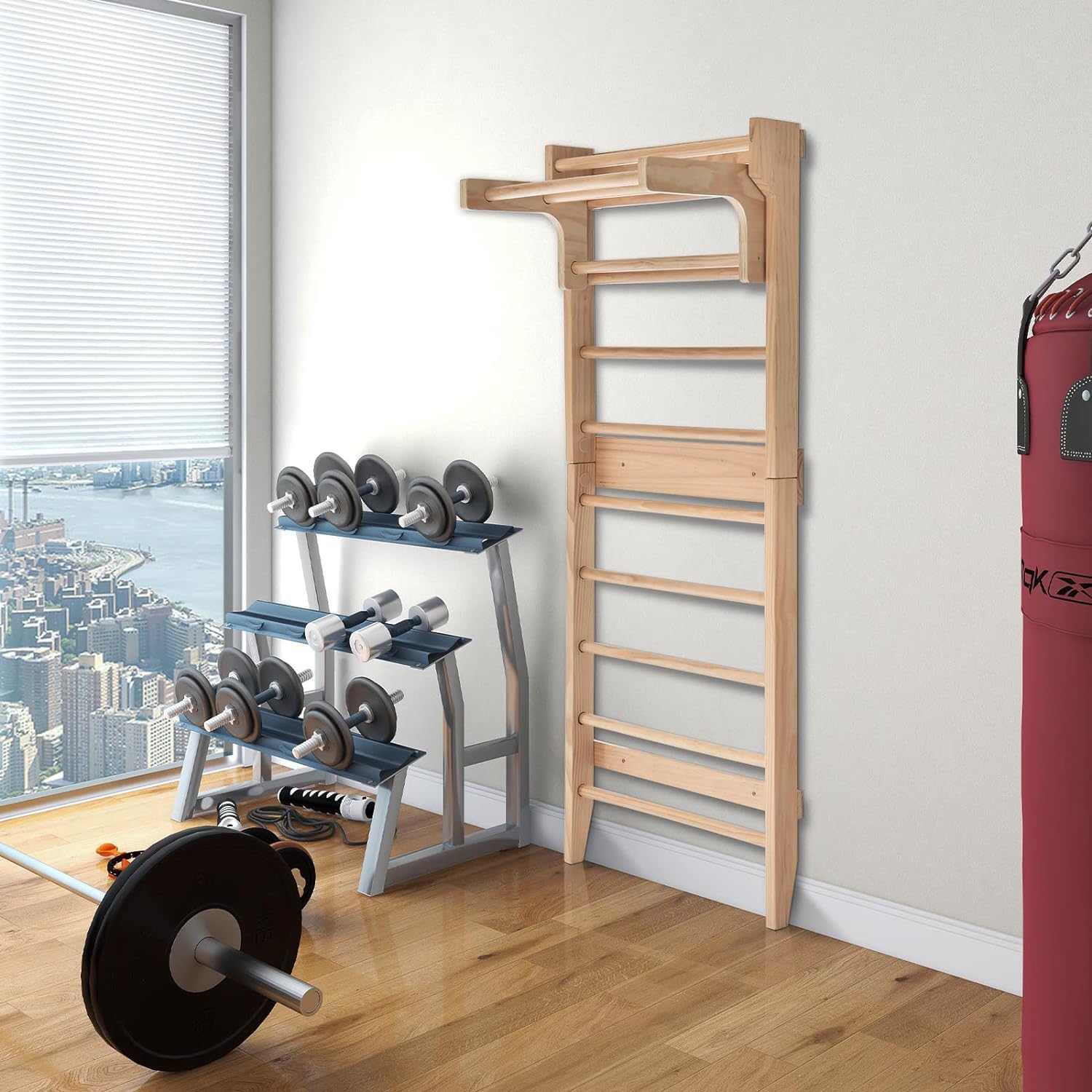 GYMAX Espaldera de Madera con Barra de Dominadas de Altura Ajustable, Estructura de Escalada de 195 x 80 cm para Adultos y Niños, para Fisioterapia, Gimnasia, Fitness, Soporta hasta 100 kg