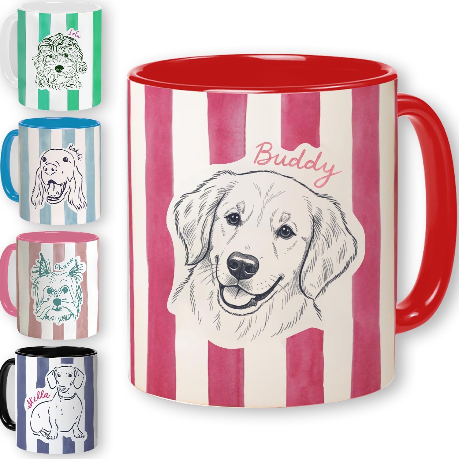 Personalized Pet Line Art Mug – Custom Coffee Cup with Name and Striped Background, Gift for Dog Moms, Cat Dads, and Animal Lovers on Birthday, Christmas, or Holiday